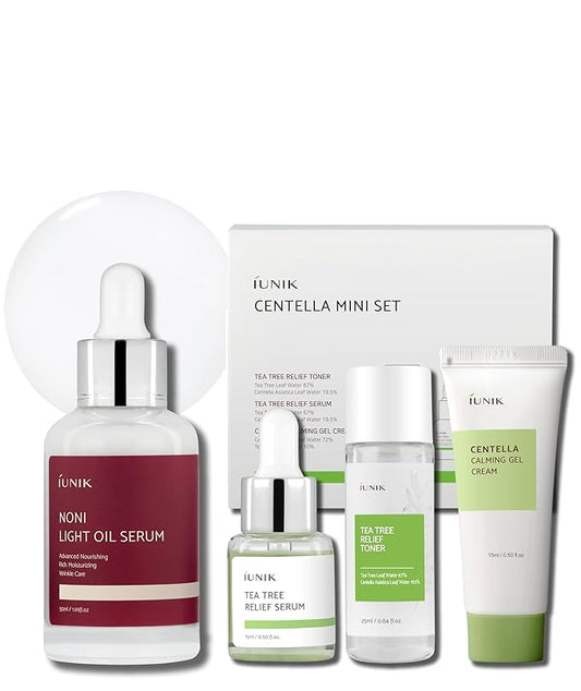 iUNIK Centella Mini Set & Noni 42% Lightweight Oil Serum Travel Trial Kit Deep Nourishment Soothing Hydrating Ampoule Serum Moisturizer Gel Cream Toner Non-greasy Slow-aging Anti-aging Korean Skincare