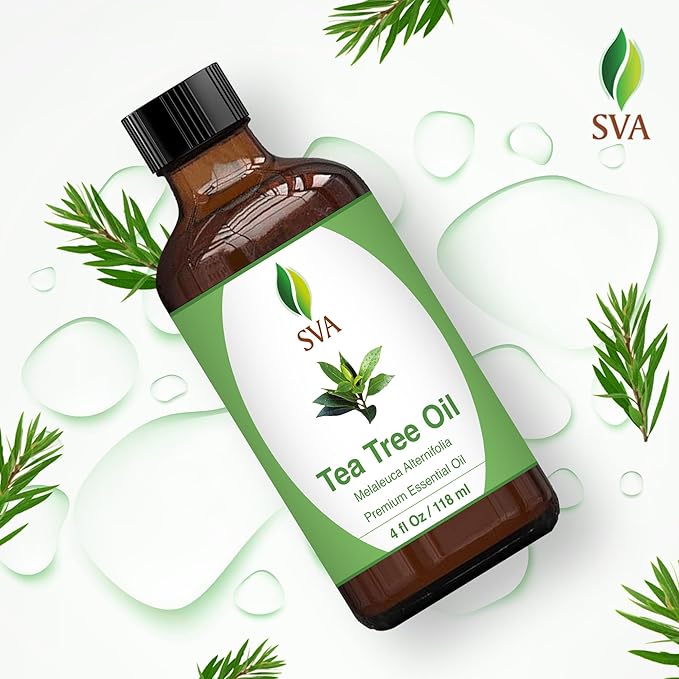 SVA Tea Tree Essential Oil – 4 Fl Oz – 100% Natural Tea Tree Oil - for Diffuser, Hair Care, Face, Skin Care, Aromatherapy, Scalp and Body Massage, Soap and Candle Making – with Dropper