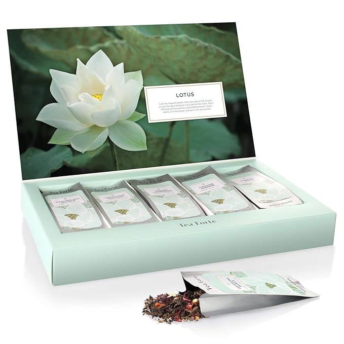 Tea Forte Lotus Single Steeps Loose Leaf Premium Mother's Day Tea Gift Set Sampler, 15 Count 3 of Each Assorted Blends, Pre-Portioned Single Serve Pouches, Steeps 12 oz