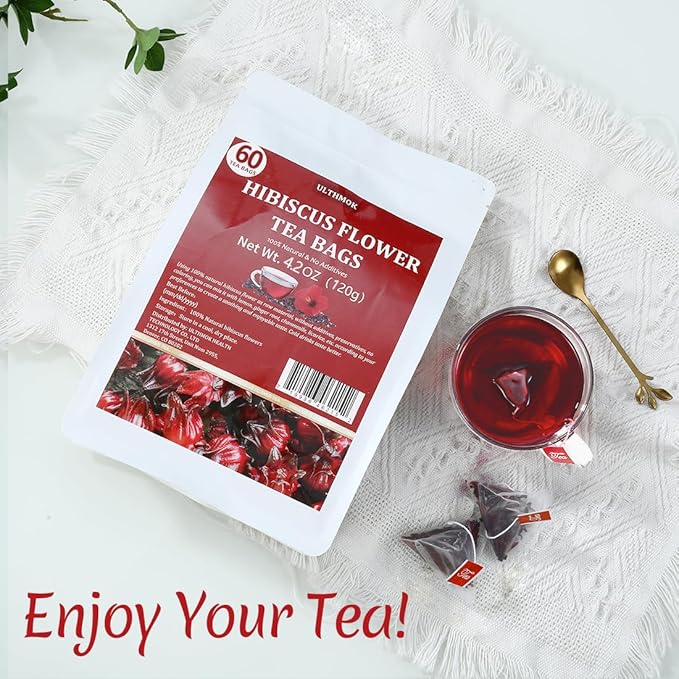 Premium Hibiscus Tea Bags,60 Tea Bags 2g /4.24 Oz,100% Pure Dried Hibiscus Flower,Natural & No Additives,Caffeine Free.