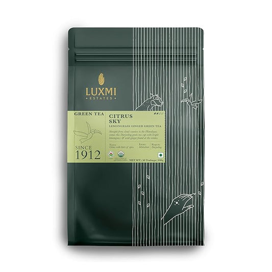 Luxmi Estates Citrus Sky Lemongrass Ginger Green Tea 50 Tea Bags (100g) Pack | Certified Organic Darjeeling Green Tea | Natural Lemon Balm Tea - Calming, Supports Digestion | 50 Cups Bulk Pack