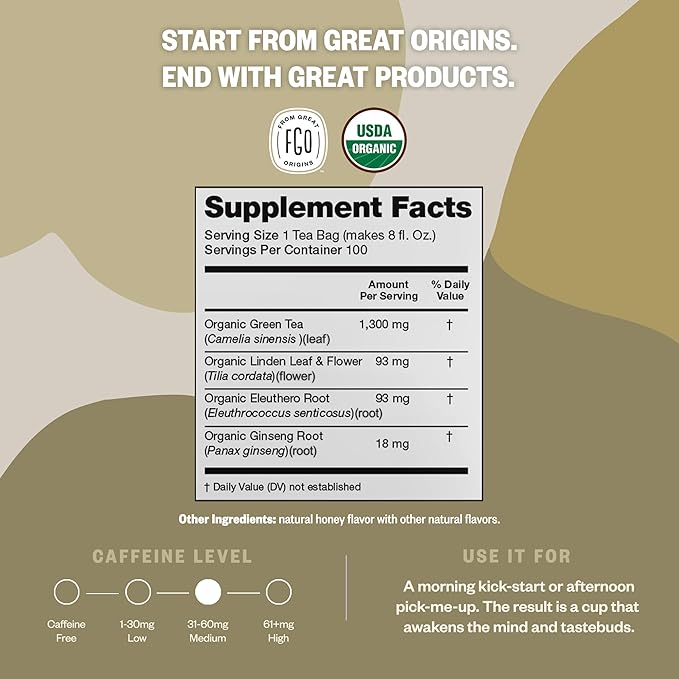 FGO Organic Honey Ginseng Green Tea, 100 Count, Eco-Conscious Tea Bags, Resealable Bag, Packaging May Vary (Pack of 1)