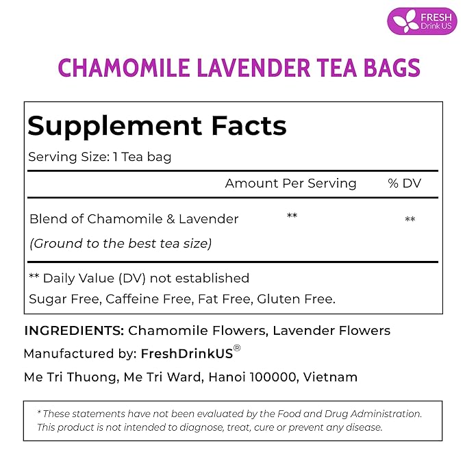 FreshDrinkUS, Premium 60 Chamomile Lavender Tea Bags, 100% Natural Herbal Ingredients, Hand-made Blend of Chamomile Lavender Flowers, Eco-conscious Tea Bags. No Sugar, No Caffeine, No Gluten, Vegan.
