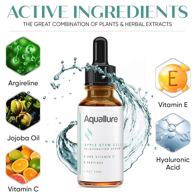 NEW! Aquallure Apple Stem Cell Rejuvenating Serum - Moisturizing Facial Treatment with Vitamin C 20%, Peptides, Hyaluronic Acid - Reduce Appearance of Fine Lines, Improve Skin Texture - 1 fl oz
