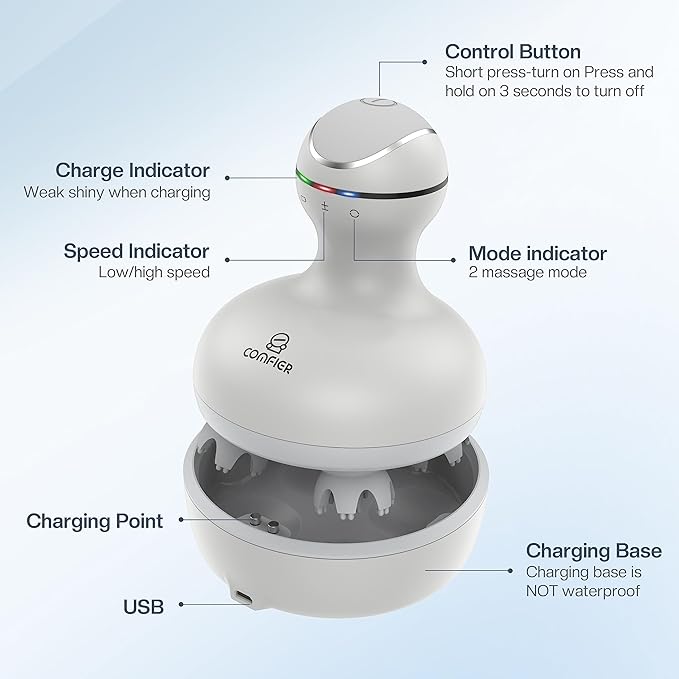 COMFIER Electric Scalp Head Massager with 4 Soft Silicone Massage Heads, Portable Hair Massager for Hair Growth, Relieve Stress, Head Scratcher for Deep Relaxation, Dog Cat Massager, Gray