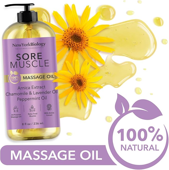 New York Biology Sore Muscle Massage Oil 8 Fl Oz – Made with 100% Natural Oils – Soothing Body Massage Oil - Absorbs Easily