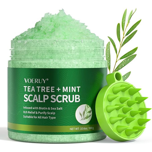 Scalp Scrub, Tea Tree Scalp Exfoliator Scrub Shampoo, 2-in-1 Scalp Treatment with Mint Oil, Hair Treatment to Clarify and Remove Build up with Silicone Scalp Massager, 10.6oz/300g