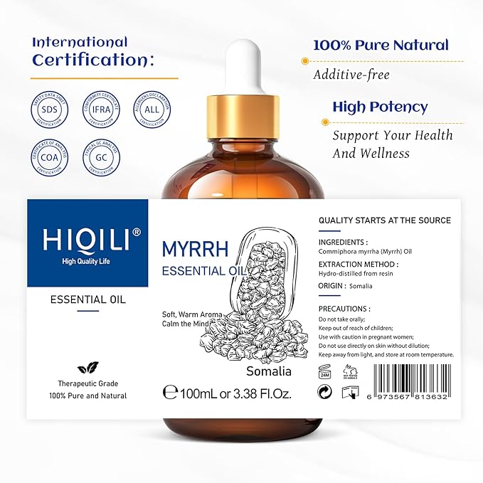 HIQILI Myrrh Essential Oil for Skin, Face, Diffuser, Add to Perfume, Toothpastes, Candle, Soap - 3.38 Fl Oz