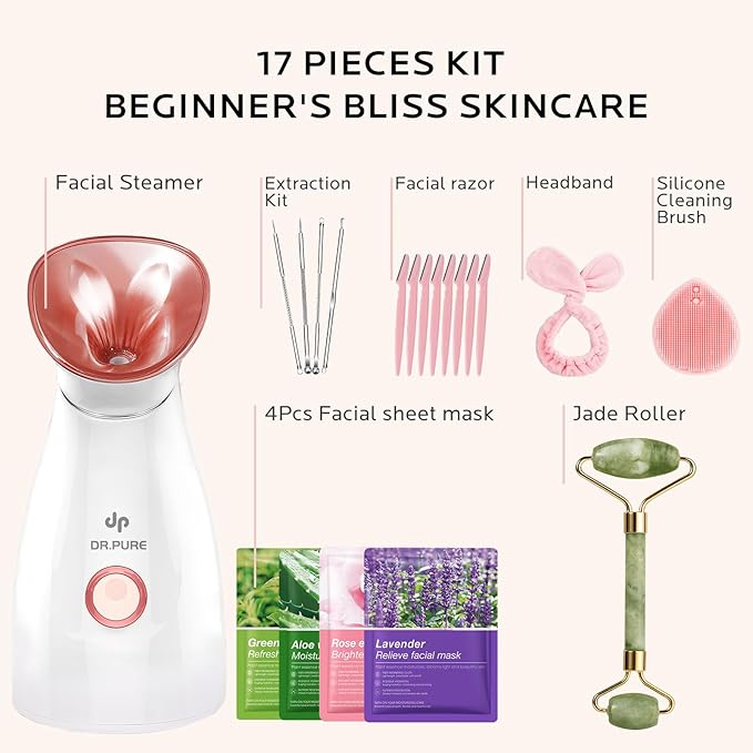 Facial Steamer Self-Care Gift Kit: Nano Ionic Face Steamer Deep Cleaning Unclogs Pores - Humidifier Hot Mist Spa Gifts for Women with 17 Skin Care Tools (Basic Glow Essentials)