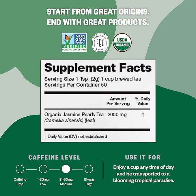 FGO Organic Jasmine Pearl Green Tea, Four Ounce, Loose Leaf, Resealable Bag, Packaging May Vary (Pack of 1)