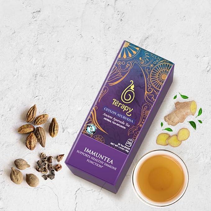 Térapy Ceylon ImmunTea Organic Tea Bags | All Natural Herbal Ingredients | Eco-friendly & Unbleached Pure Herb Tea Bags- Premium Individually Wrapped Herbal Tea Bags- 20 Count Tea Bags, 1.41oz(40g)