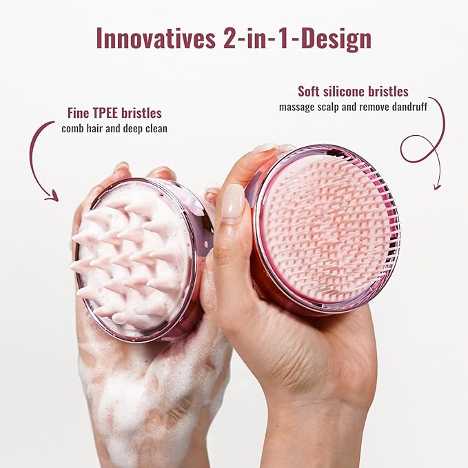 2 in 1 Scalp Massager Shampoo Brush with Soft Silicone Bristles for Hair Growth and Dandruff Removal, Hair Brush Head Massager Scalp Scrubber Exfoliator for Both Wet and Dry Use (Pink)