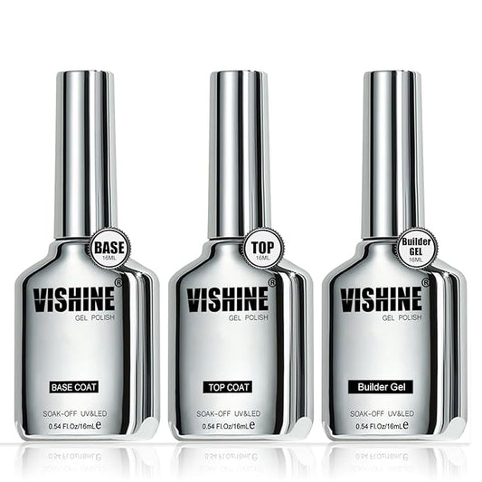 Vishine 3PCS 16ml Top Coat, Builder Gel and Base Coat Set, No Wipe Gel Top Coat Base Gel Builder Extension Gel for Nails Art Long Lasting Nail Protection Soak Off LED Gel