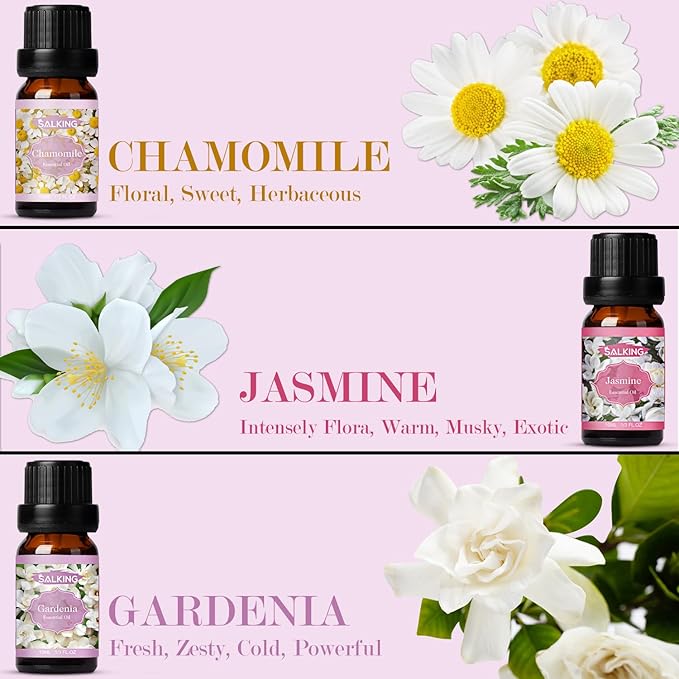 SALKING Floral Essential Oils Set, Premium Pure and Natural Essential Oils, Fragrance Oil Scented Oils for Oil Diffusers 6 x 10 ML - Lavender, Rose, Jasmine, Cherry Blossom, Gardenia, Chamomile