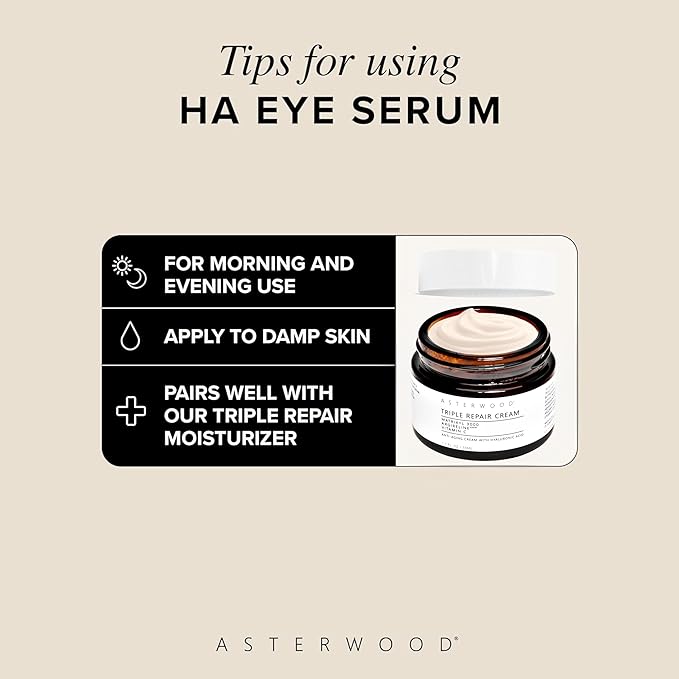 Asterwood Hyaluronic Acid Eye Serum - Reduces Undereye Bags, Wrinkles, Dark Circles, Fine Lines, & Crow's Feet - with Matrixyl 3000, Niacinamide & Caffeine - Treatment for Women & Men - 0.5 Fl Oz