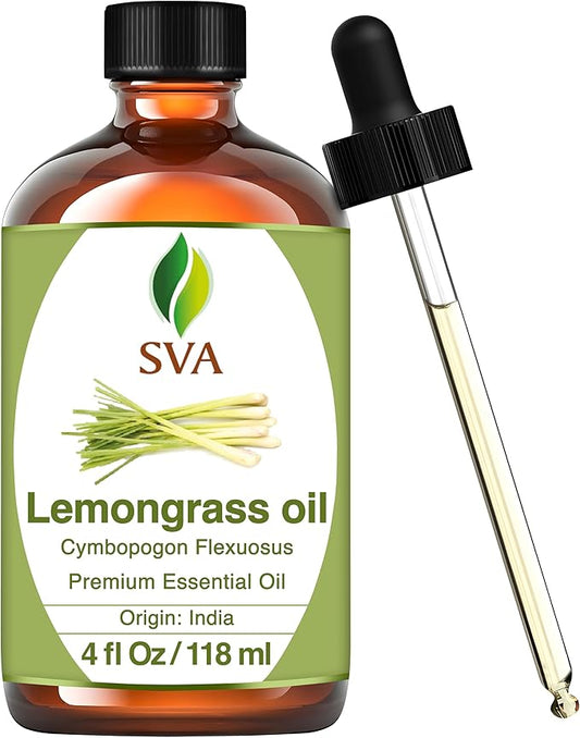 SVA Lemongrass Essential Oil – 4 Fl Oz – 100% Natural Lemongrass Oil - for Diffuser, Hair Care, Face, Skin Care, Aromatherapy, Scalp and Body Massage, Soap and Candle Making - with Dropper
