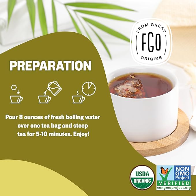 FGO Organic Roasted Dandelion Root Tea, 100 Count, Eco-Conscious Tea Bags, Resealable Bag, Caffeine Free, Packaging May Vary (Pack of 1)