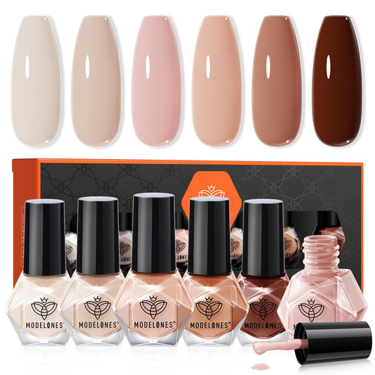 modelones Nail Polish Set, 6 Colors Nude Brown Pink Skin Tones Milky White Mini Nail Polish Fall Winter Neutral Brown Quick Dry Fingernail Polish Manicure DIY Salon Home Gifts for Women Girl