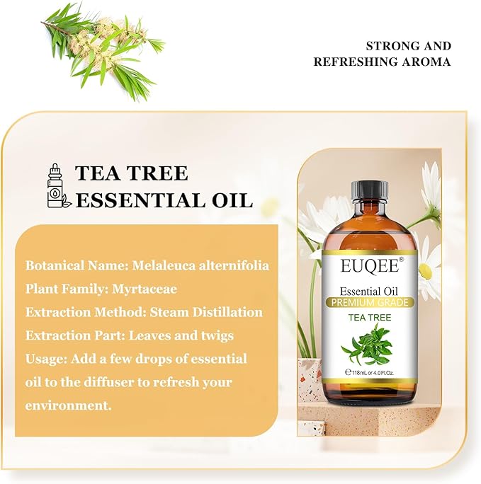 Tea Tree Essential Oil 4Fl.Oz Pure Tea Tree Oil with Glass Dropper for Aromatherapy, Diffuser, Soap Making, DIY Soap - 118ml
