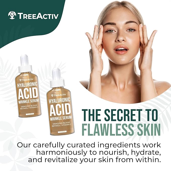 Hyaluronic Acid Wrinkle Serum, Vitamin C Serum for Face with Hyaluronic Acid, Retinol Serum for Face for Skin Elasticity, Fine Lines, and Dark Spots, Wrinkle Serum, 60-Day Supply TreeActiv