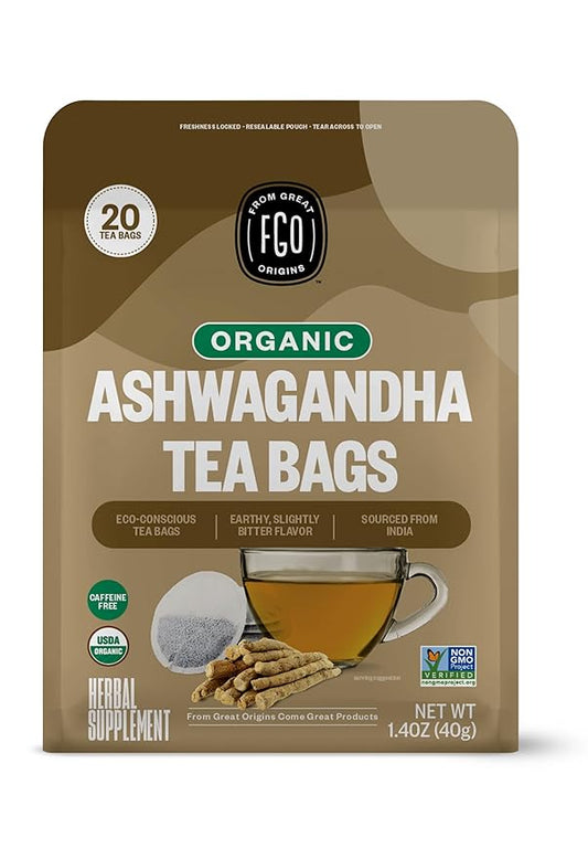 FGO Organic Ashwagandha Tea, 20 Count, Eco-Conscious Herbal Tea Bags, Resealable Bag, Caffeine Free, Packaging May Vary (Pack of 1)