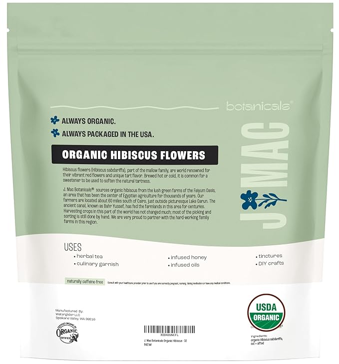 J MAC BOTANICALS Certified Organic Hibiscus Flower (2 Pounds), Hibiscus Tea, Cut & Sifted Flowers, Flor de Jamaica