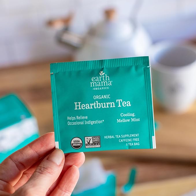 Earth Mama Organic Heartburn Tea | Pregnancy-Safe Soothing Herbal Blend with Marshmallow Root, Lemon Balm & Chamomile, 16 Teabags Per Box (2-Pack)