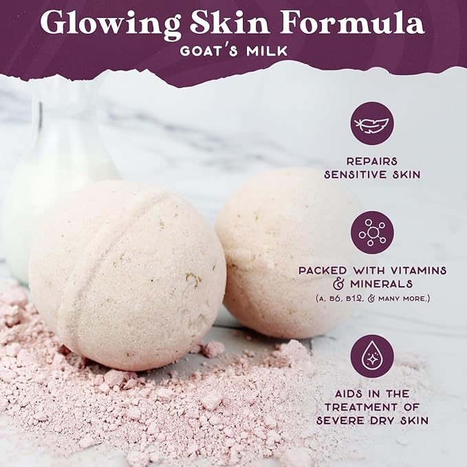 Purple Canyon Glowing Goat Natural Bath Bombs | Skin Moisturizing Goat Milk with Pink Calamine Clay for Sensitive Skin | Fragrance Free Handmade Bath Bombs for Skin Care