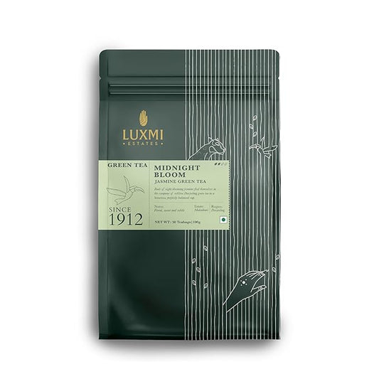 Luxmi Estates - Midnight Bloom - Organic Jasmine Tea - 50 Tea Bags | With Organic Jasmine Buds and Premium Darjeeling Green Tea | Natural Aid to Relieve Stress, Anxiety and Sleep Problems