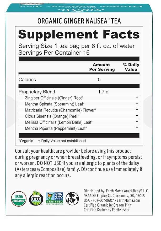 Earth Mama Organic Ginger Nausea™ Tea | Comforts Occasional Nausea + Morning Sickness, 16 Teabags Per Box (6-Pack)