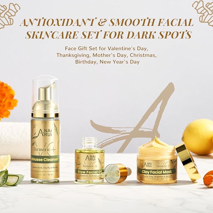 ANAI RUI Turmeric Facial Skincare Set, Mother's Day Gift for Women, Turmeric & Vitamin C Clay Mask for Dark Spot, Moisturizing Facial Oil, Turmeric Face Cleanser, Skincare Gift Set for Women