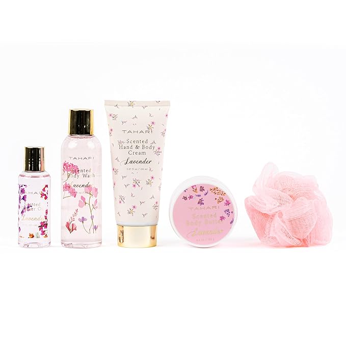 Tahari Spa Gift Set for Women, Lavender Spa Set, Bath Kit for Women Gift Set Includes Scented Body Wash, Body Lotion, Body Butter & Pouf, Lotion Gift Set for Women, Birthday Gifts For Women - (Floral)