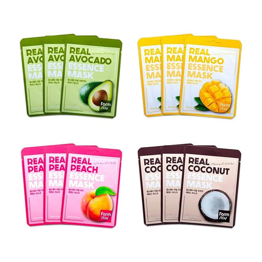 FARMSTAY] Real Essence Mask(12-Combo) - Mango, Coconut, Peach, Avocado | Korean Skin Care Mask Sheet