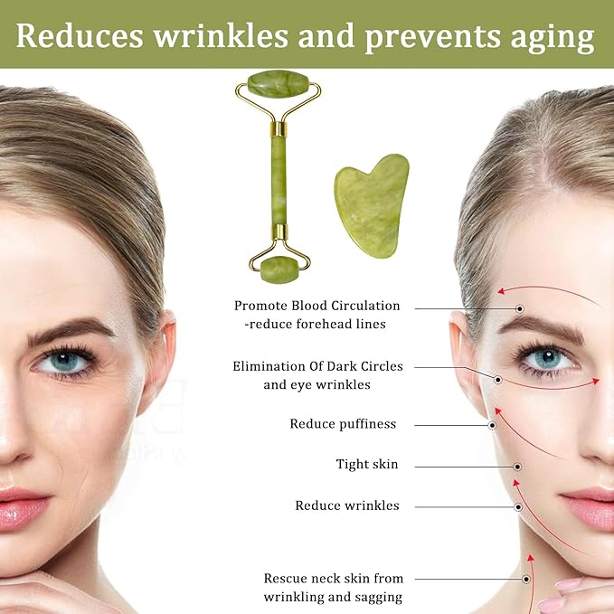 Jade Roller and Gua Sha Stone Set - Therapeutic Frozen Facial Massager for Beauty - Homemade Cold depuff Face Roller for Women (Green/2Pcs)