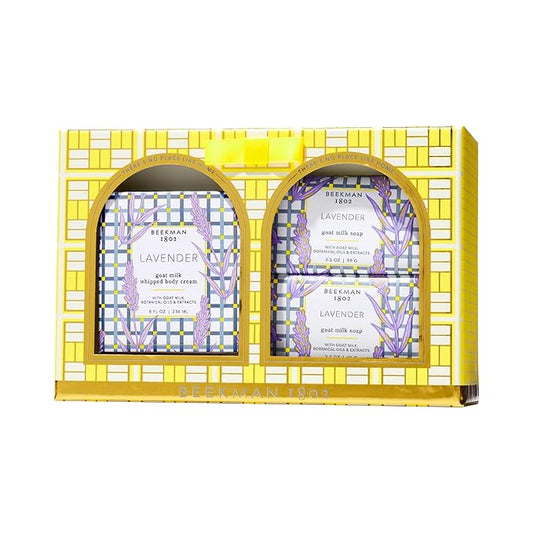 Beekman 1802 All is Calm Lavender Bodycare Gift Set - Set of 3 - Scented - Cleanses, Moisturizes & Hydrates - With Lactic Acid & Mango Seed Butter - Good for Sensitive Skin - Cruelty Free