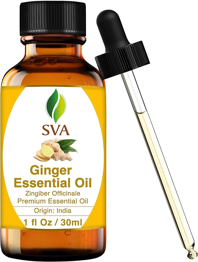 SVA Ginger Essential Oil – 1 Fl Oz – 100% Natural Ginger Oil - for Diffuser, Hair Care, Face, Skin Care, Aromatherapy, Scalp and Body Massage, Soap and Candle Making – with Dropper