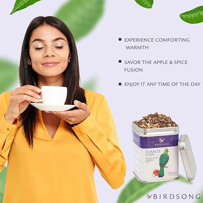 Birdsong Turaco Chai: Organic Apple Chai Herbal Tea, Caffeine Free Tea with 100% Natural Sweet Flavor of Apple, Cardamom and Cinnamon Notes and Health Benefits, Decaffeinated Honeybush Loose Leaf