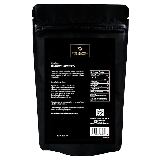 Pure And Easy Tea, Stardom, Natural Energy & Stamina Tea, Organic Coffee Alternative with 180mg Caffeine, 100% Natural Herbal Blend, 30 Biodegradable Tea Bags