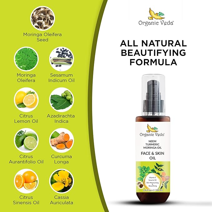 Organic Veda Moringa Face Oil with Neem & Turmeric - 100% Pure Cold Pressed Skin Care Oil Moisturizer for Face Hair & Skin, Natural Skin Glow - 3.4 oz
