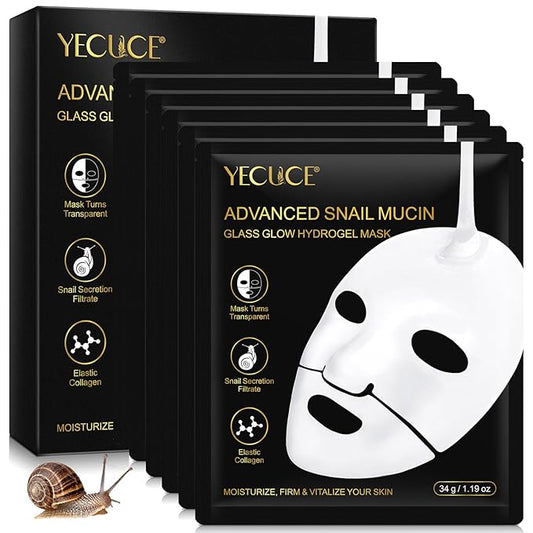 Snail Mucin Mask - Collagen Face Mask, 6 EA Face Sheet Mask with Advanced Snail Mucin Serum, Hydrating Facial Masks Skincare, Overnight Hydrogel Face Mask for Women, Korean Skin Care Glass Glow