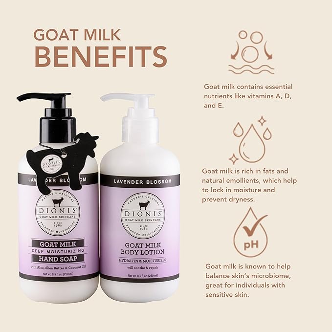 Dionis Goat Milk Skincare Lavender Blossom Body Lotion & Hand Soap Gift Bundle - Lavender Scented Cream & Concentrated Liquid Soap Gently Clean, Moisturize & Nourish Dry Hands, 8.5 oz Pump Bottles