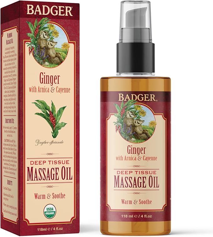Badger Ginger Massage Oil, 100% Organic Massage Oil, w/Arnica Oil & Cayenne for Warming Soothing Deep Tissue Sore Muscle Relief, 4 fl oz Glass Bottle