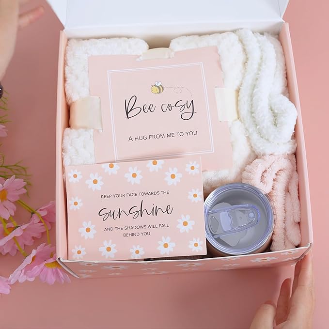 DaisyBee(7PC) Birthday Gift Hamper for Women, Get Well Soon Gift Set, Self Care Gifts for Girls with Cozy Blanket, Bow Headband, Aroma Candle, Tumbler, Mothers Day Gifts, Relaxation Care Package Set