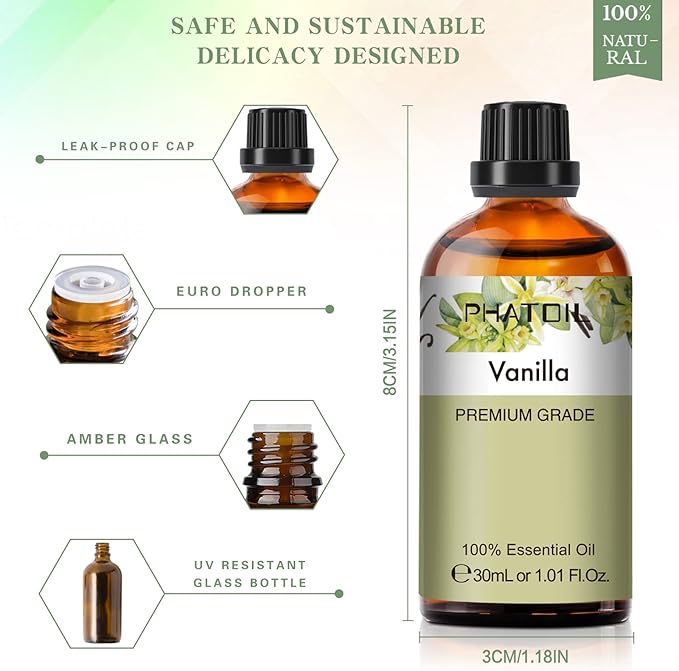 Vanilla Essential Oil, 1.01Fl.Oz (30ML) PHATOIL Pure Essential Oil Singles for Aromatherapy Diffusers, Humidifiers, Great for DIY Candle and Soap Making, Gift for Friend