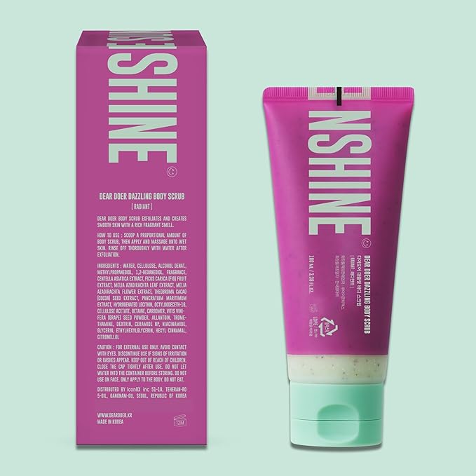 [Dear Doer] Dazzling Body Scrub in Tube - Radiant & Gentle Exfoliator with Grapeseeds & Plant-Derived Cellulose to Remove Dead Skin Cells with Vitamin C, Fresh Floral Scent, Vegan, 3.38 fl oz (100 ml)