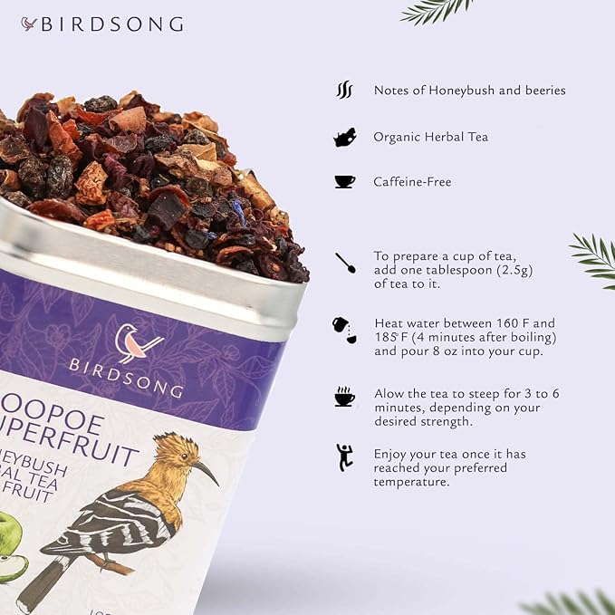 Birdsong Hoopoe Superfruit: Honeybush Herbal Tea, 100% Organic Caffeine Free Tea with Natural Sweet and Fruity Flavor, Honey bush Decaffeinated Loose Leaf for Men Women Children
