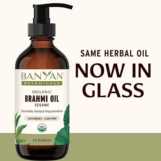 Banyan Botanicals Brahmi Oil with Sesame Base – Organic Ayurvedic Massage Oil with Gotu Kola and Bacopa ­­– Calming Massage Oil for Focus & Relaxation – 8 oz – Non GMO Sustainably Sourced Abhyanga Oil