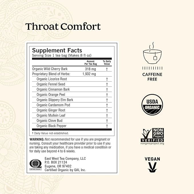 Yogi Tea - Throat Comfort (6 Pack) - Soothes the Throat with Wild Cherry Bark, Licorice Root, Mullein, and Ginger - Caffeine Free - 96 Organic Herbal Tea Bags