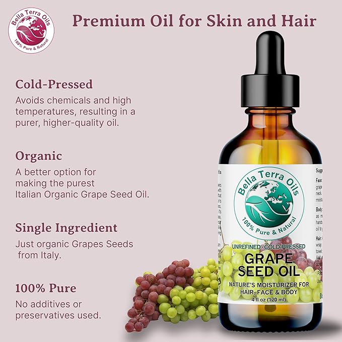 Bella Terra Oils Pure Grape Seed Oil – 1 gallon, Antioxidant-Rich, Lightweight, Radiant Skin, Frizz-Free Hair, Silky Touch
