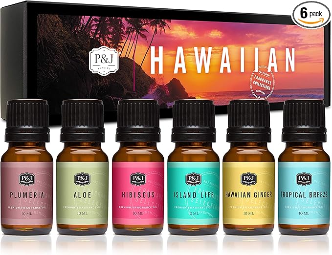 P&J Trading Fragrance Oil Hawaiian Set | Hibiscus, Island Life, Hawaiian Ginger, Tropical Breeze, Plumeria, Aloe Scents for Candle Making, Freshie Scents, Soap Making Supplies, Diffuser Oil Scents